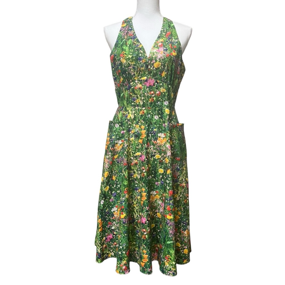 Unique Vintage 1950’s Style Green Meadows Fit & Flare Halter Dress Size Medium